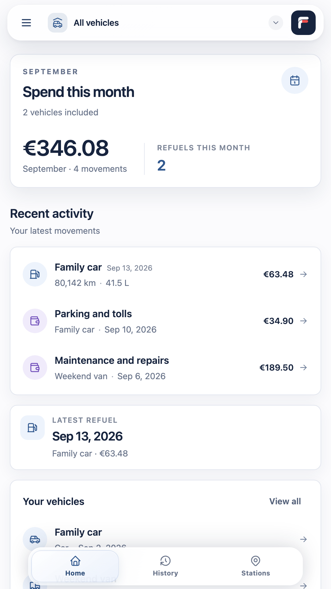 Fuelico shows monthly spending, recent refuels and activity for two example vehicles.
